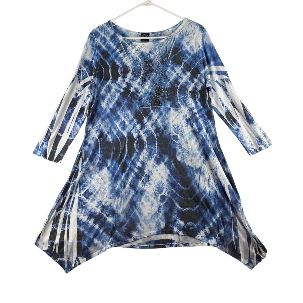 Cal Style Shark Bite Hem Tie Dye 3/4 Sleeve Blouse Women's Large Beaded USA READ